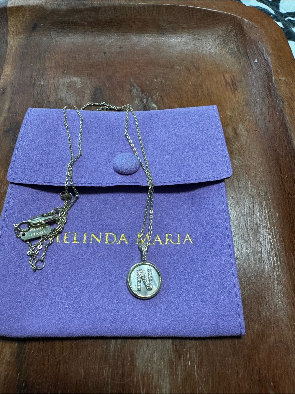 Melinda Maria Gold Initial 'N' Mother of Pearl Pendant Necklace in Purple Pouch